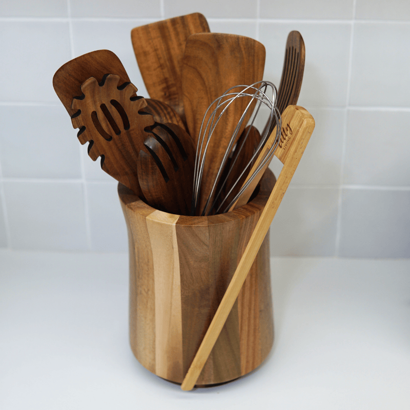 10 Piece Teak Wooden Utensil Set + Caddy Bundle