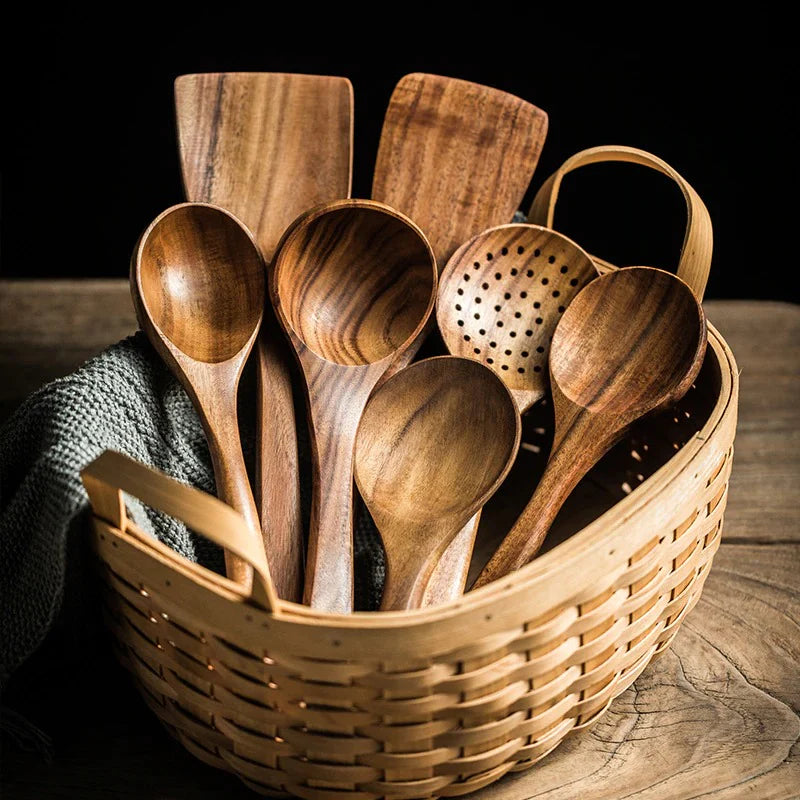 Wooden Spoons For Cooking 7-Pack - Bamboo Kitchen Utensils Set for