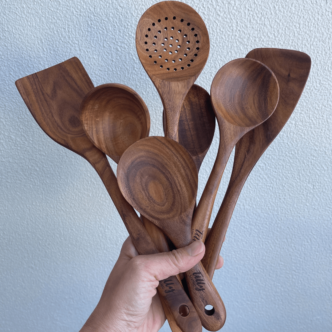 Teak Wooden Utensil Set Natural Wood Cookware Tilly Living