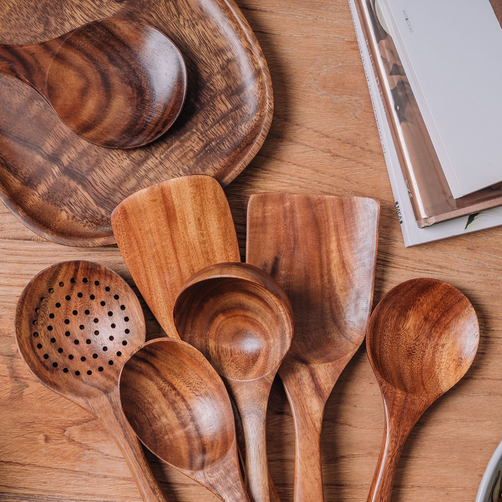Teak Wooden Utensil Set Natural Wood Cookware Tilly Living