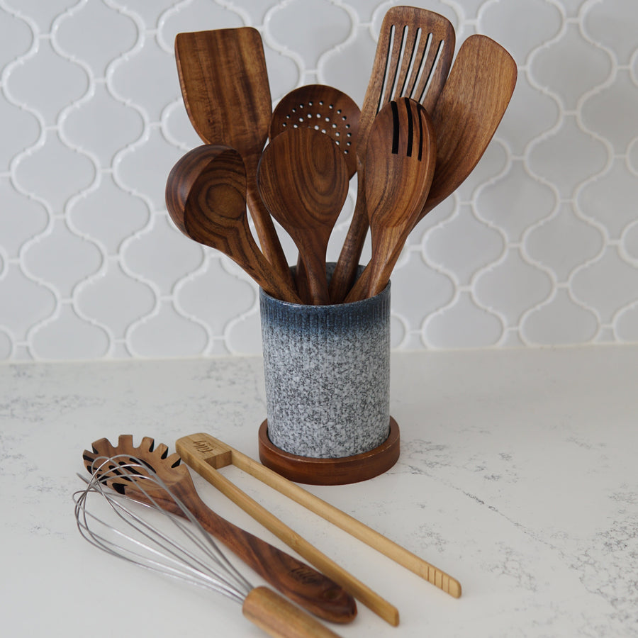 Tilly Living utensils displayed in a holder on a kitchen counter