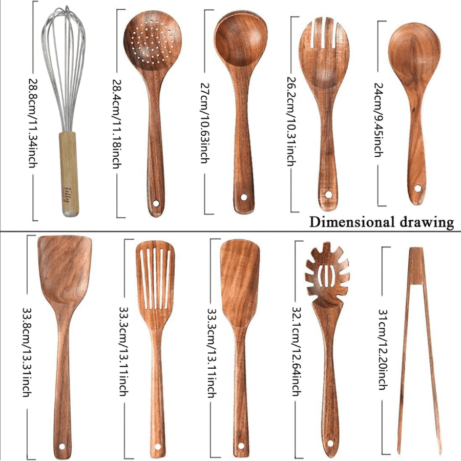 Dimensions for 10 piece teak wooden utensil set