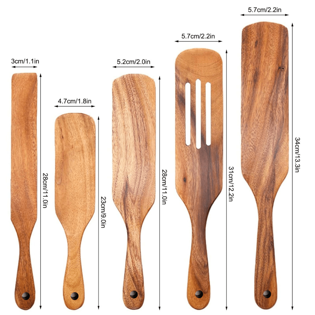 Natural Teak Wood Spurtle Heat Resistant Cooking Set Tilly Living