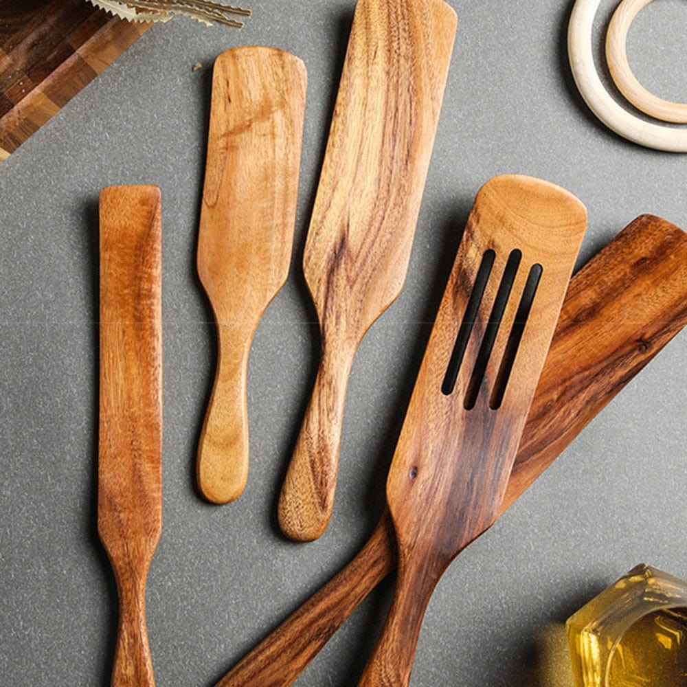 Natural Teak Wood Spurtle | Heat Resistant Cooking Set | Tilly Living