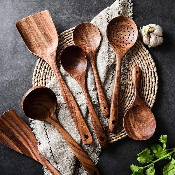 Wooden Spoons For Cooking 7-Pack - Bamboo Kitchen Utensils Set for