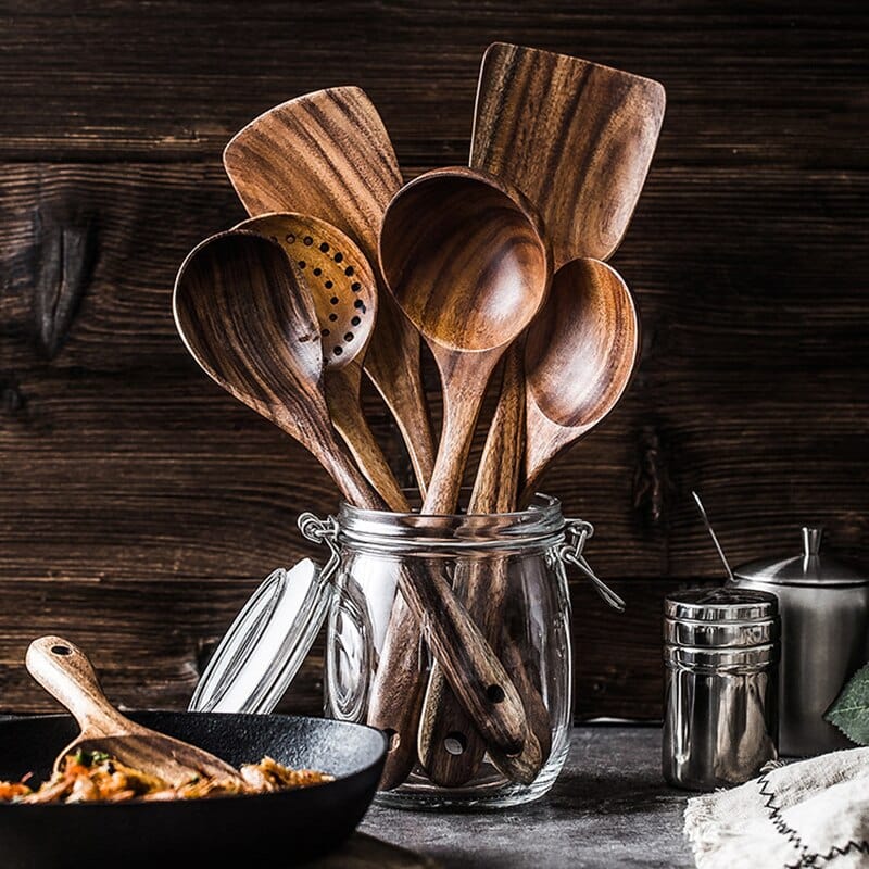 Tilly Living teak wooden utensils in a glass jar