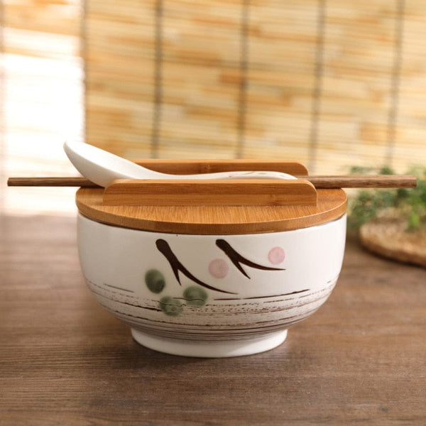 Japanisches Ramen-Schalen-Set – Keramik Mit Bambus-Zubehör (Deckel, Löffel, Stäbchen, Untersetzer) – Mikrowellengeeignet, 16,8 Cm