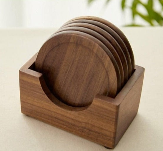 Walnut Wood Coasters, Wood Coaster Set with Holder